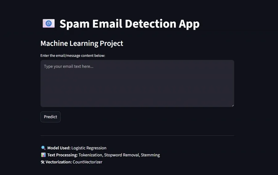 Streamlit spam classifier interface