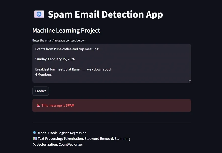 Streamlit spam classifier prediction result