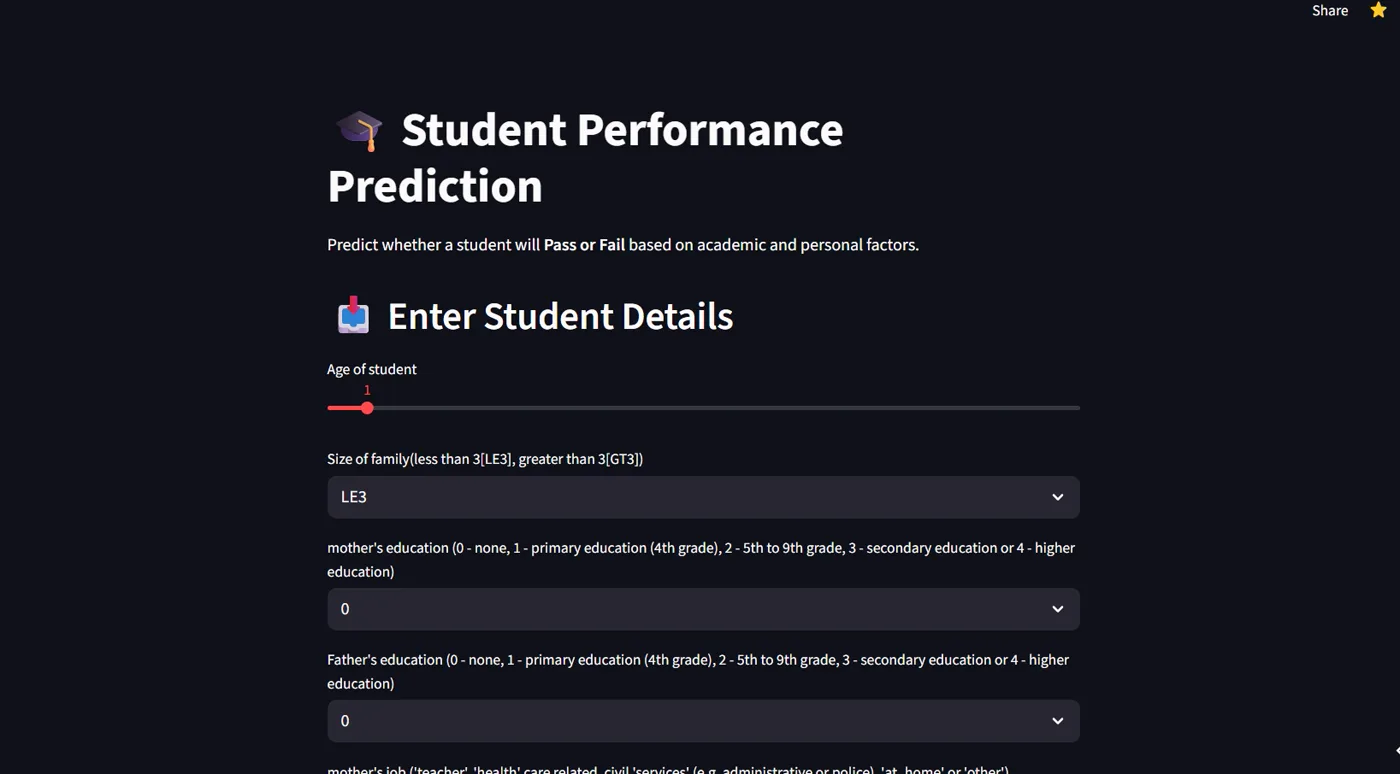 Student performance classifier interface, screenshot 1 of 2